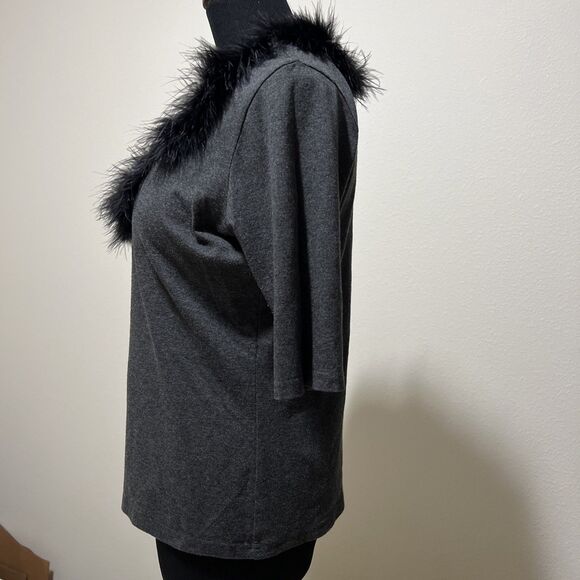 VTG USA 80s Black Feather V Neckline Gray Top Shirt Blouse Stretch 3/4 Sleeves - Picture 4 of 11